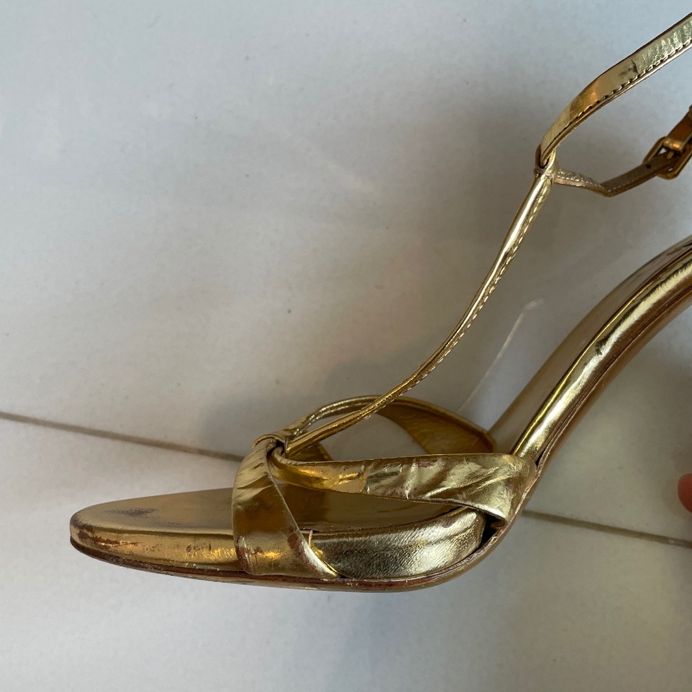 Gold Strappy High-Heel Sandals with Decorative Heel - Picture 7 of 8